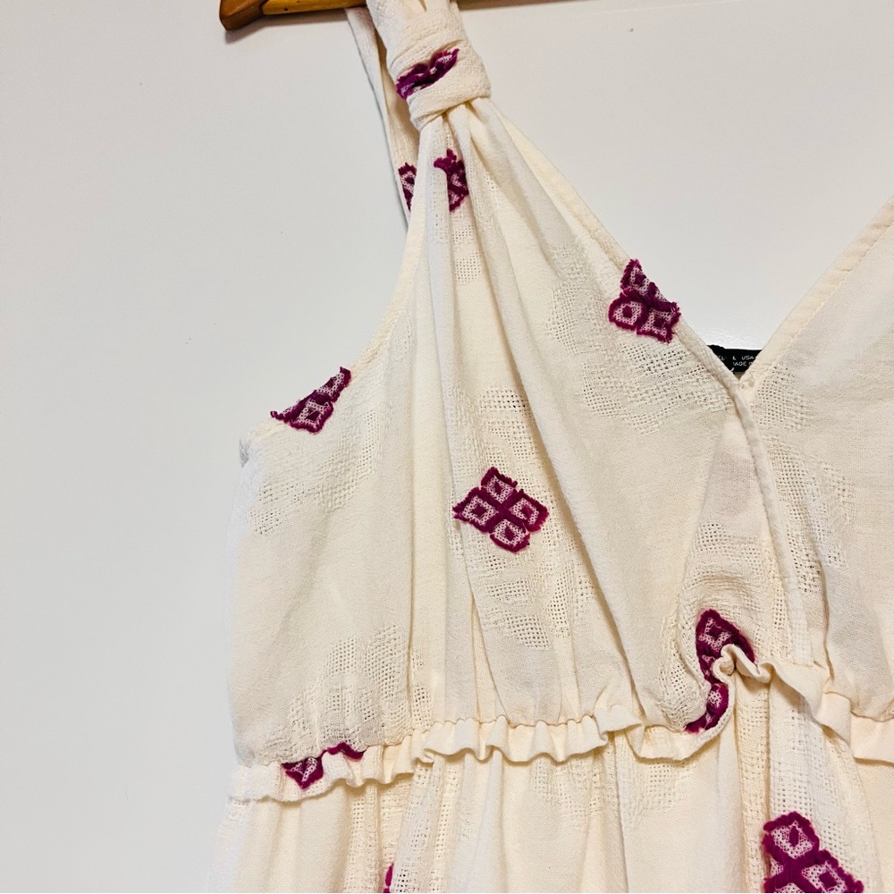 Zara Rustic Dress Womens Large Embroidered Midi Cottagecore Ivory Purple Boho - Picture 12 of 15